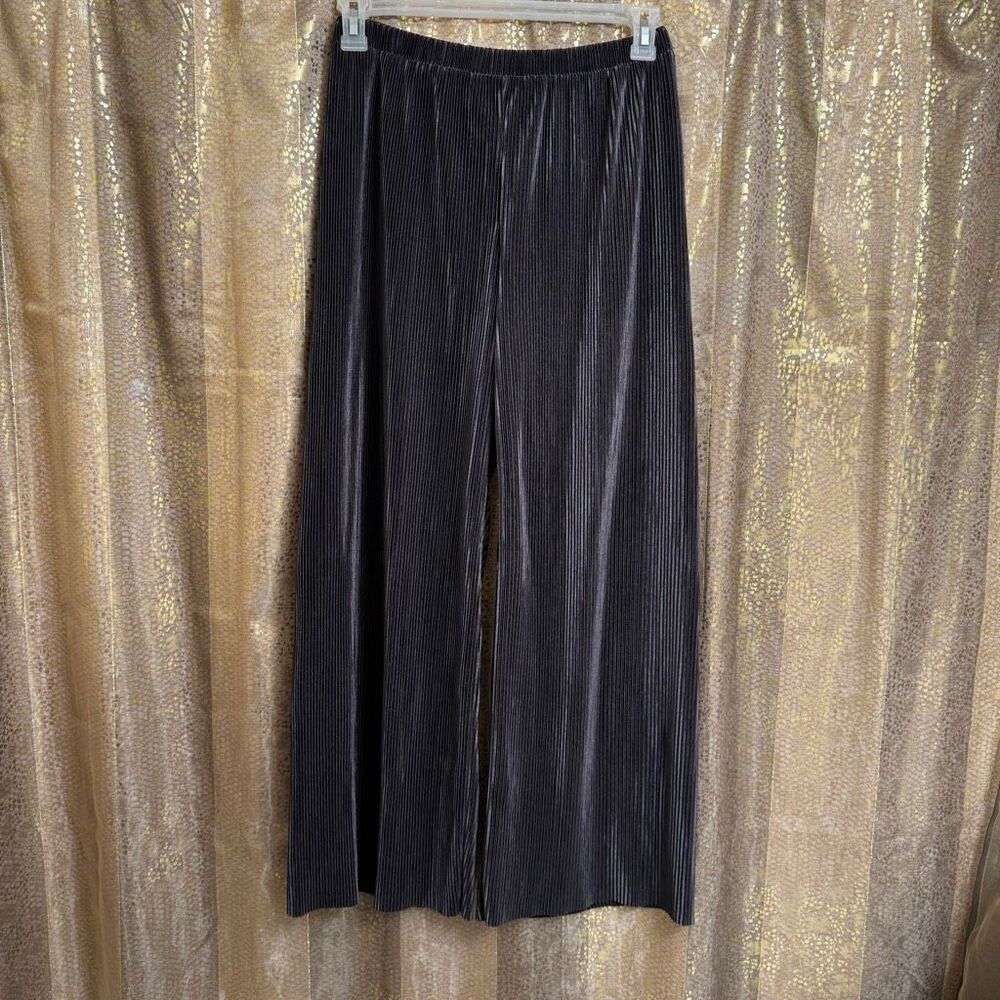Ro & De Wide Leg Metallic Plisse Trousers Charcoal Gray Medium